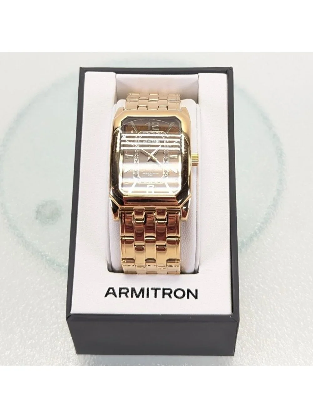 Armitron Men's 30mm Gold Watch Genuine Crystal Stainless S. Bracelet - NWB